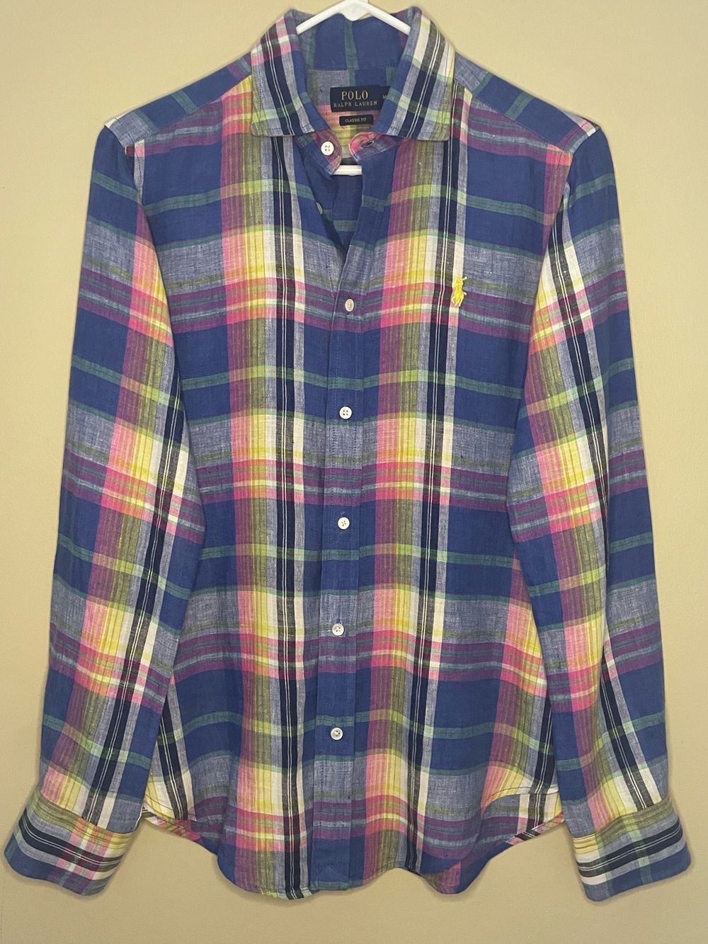 Polo Ralph Lauren Classic Fit Madras Plaid Linen Button Down Shirt Size M